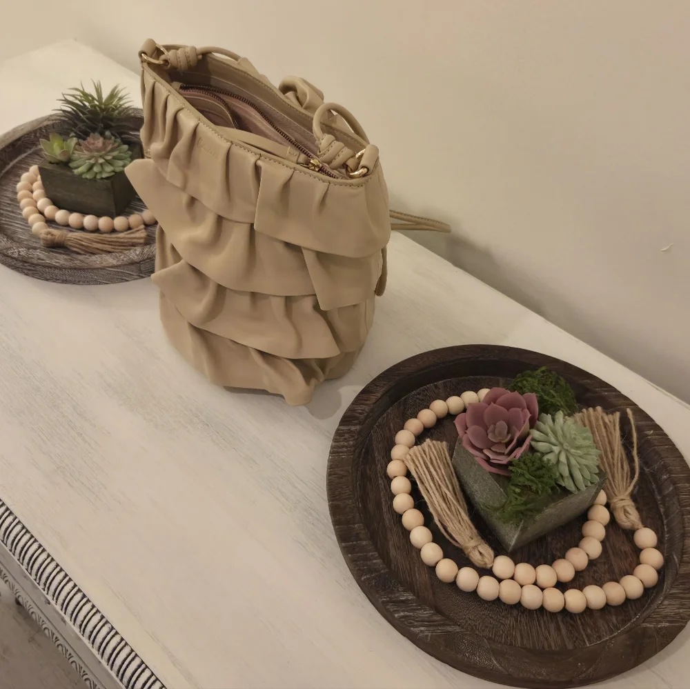 Cleobella Cambria Ruffle Bucket Shoulder Bag- In Beige - Picture 8 of 10